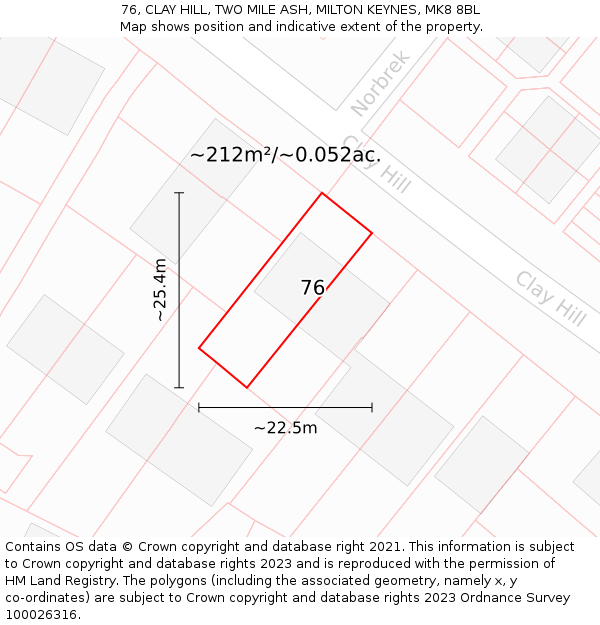 76, CLAY HILL, TWO MILE ASH, MILTON KEYNES, MK8 8BL: Plot and title map