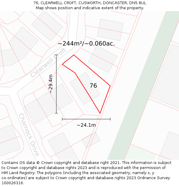 76, CLEARWELL CROFT, CUSWORTH, DONCASTER, DN5 8UL: Plot and title map