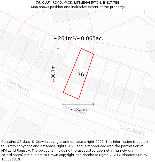 76, CLUN ROAD, WICK, LITTLEHAMPTON, BN17 7EB: Plot and title map