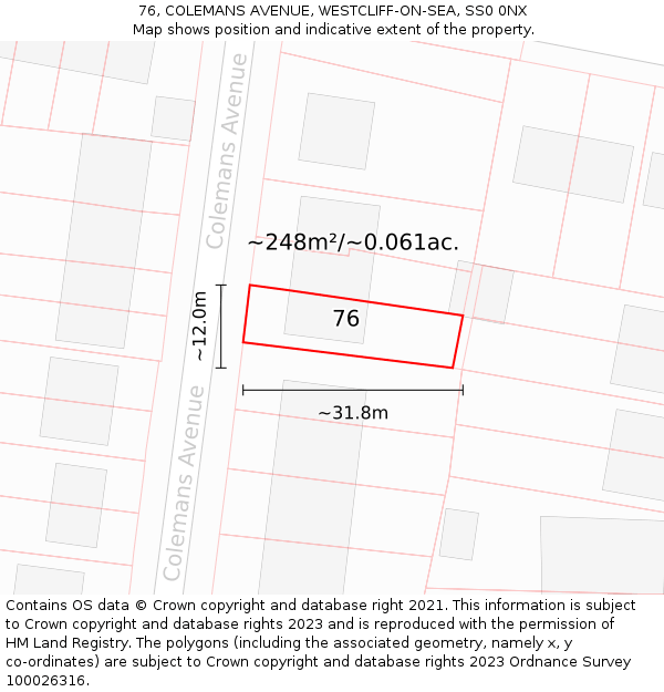 76, COLEMANS AVENUE, WESTCLIFF-ON-SEA, SS0 0NX: Plot and title map