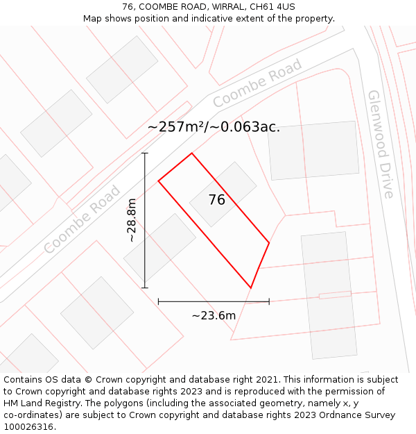 76, COOMBE ROAD, WIRRAL, CH61 4US: Plot and title map