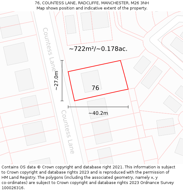 76, COUNTESS LANE, RADCLIFFE, MANCHESTER, M26 3NH: Plot and title map