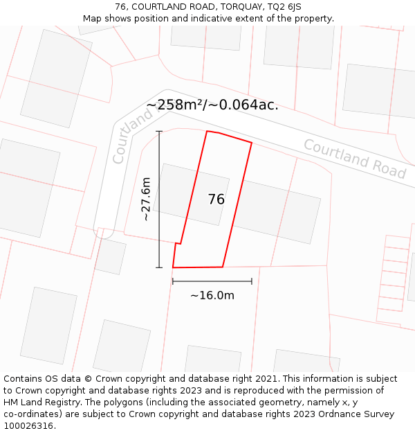 76, COURTLAND ROAD, TORQUAY, TQ2 6JS: Plot and title map