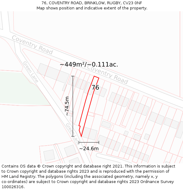 76, COVENTRY ROAD, BRINKLOW, RUGBY, CV23 0NF: Plot and title map
