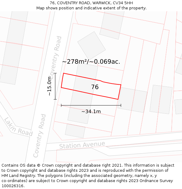 76, COVENTRY ROAD, WARWICK, CV34 5HH: Plot and title map