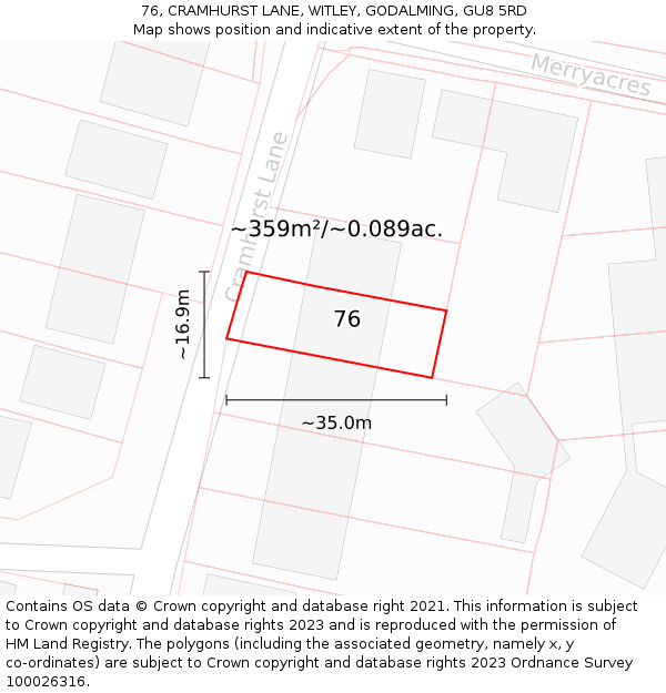76, CRAMHURST LANE, WITLEY, GODALMING, GU8 5RD: Plot and title map