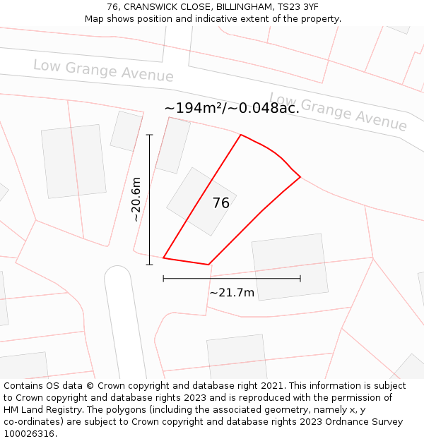 76, CRANSWICK CLOSE, BILLINGHAM, TS23 3YF: Plot and title map