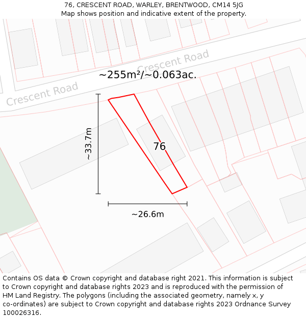 76, CRESCENT ROAD, WARLEY, BRENTWOOD, CM14 5JG: Plot and title map