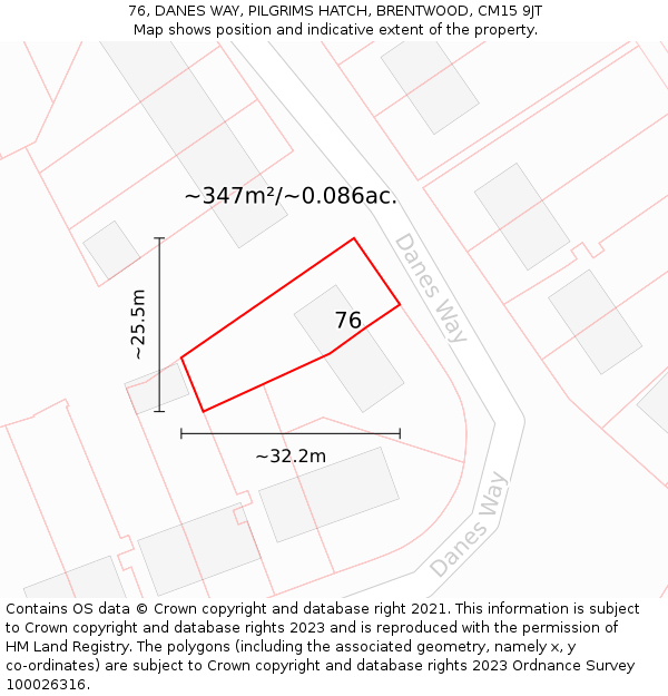 76, DANES WAY, PILGRIMS HATCH, BRENTWOOD, CM15 9JT: Plot and title map