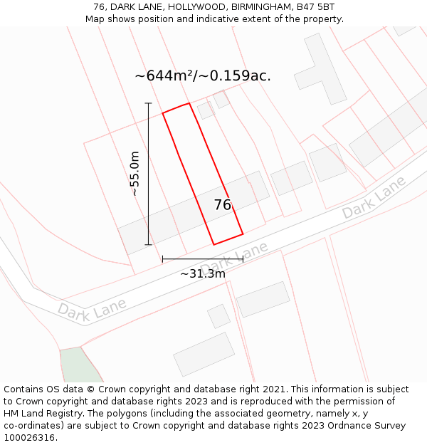 76, DARK LANE, HOLLYWOOD, BIRMINGHAM, B47 5BT: Plot and title map