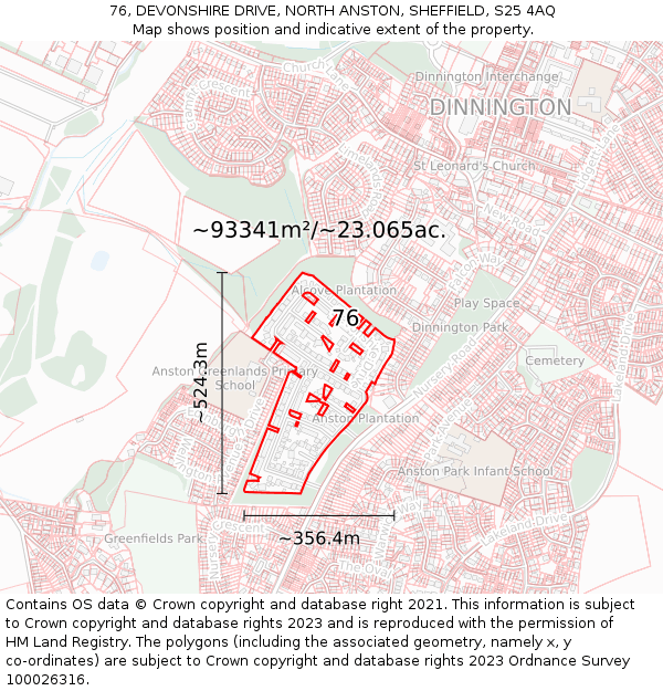 76, DEVONSHIRE DRIVE, NORTH ANSTON, SHEFFIELD, S25 4AQ: Plot and title map