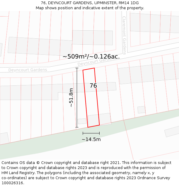 76, DEYNCOURT GARDENS, UPMINSTER, RM14 1DG: Plot and title map
