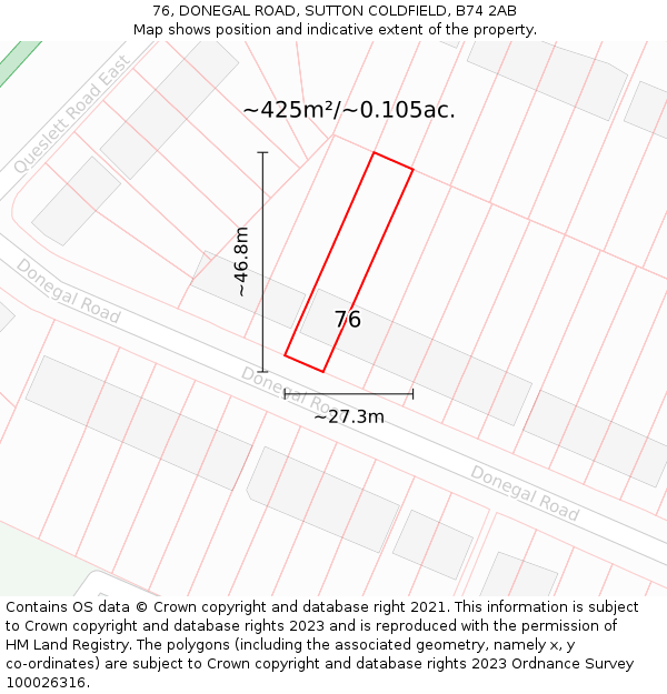 76, DONEGAL ROAD, SUTTON COLDFIELD, B74 2AB: Plot and title map