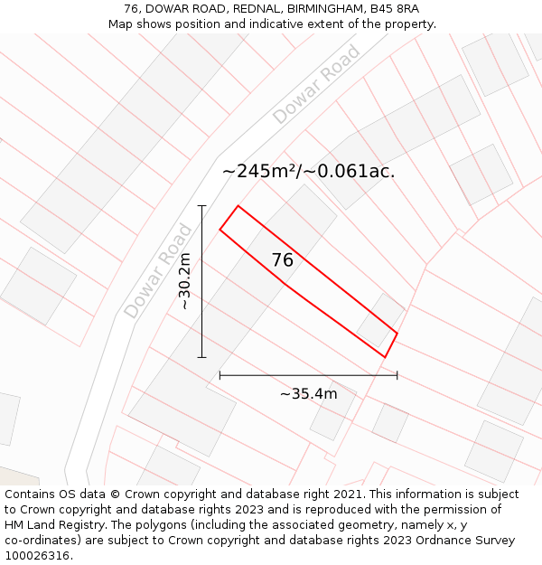 76, DOWAR ROAD, REDNAL, BIRMINGHAM, B45 8RA: Plot and title map