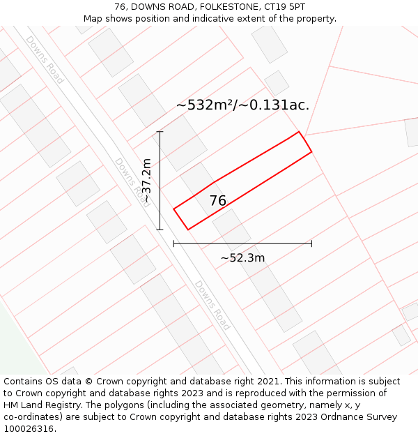 76, DOWNS ROAD, FOLKESTONE, CT19 5PT: Plot and title map