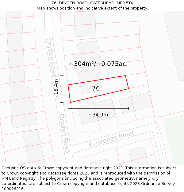 76, DRYDEN ROAD, GATESHEAD, NE9 5TX: Plot and title map