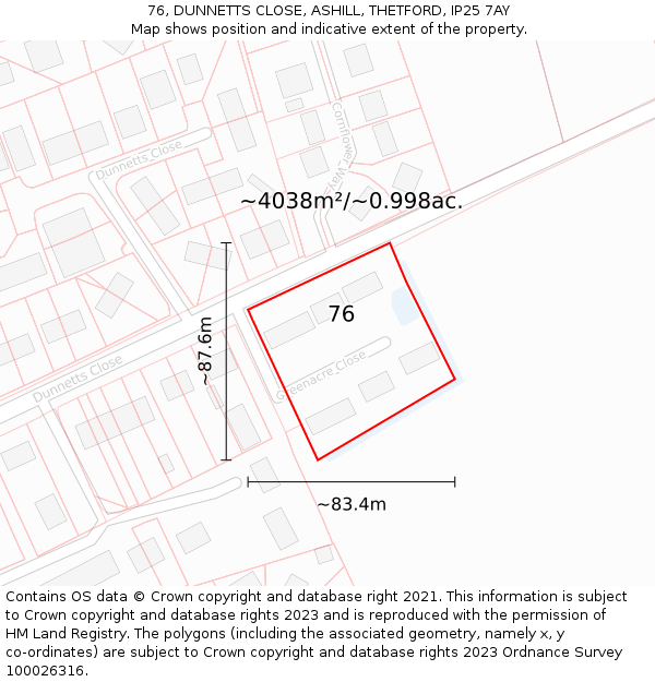 76, DUNNETTS CLOSE, ASHILL, THETFORD, IP25 7AY: Plot and title map