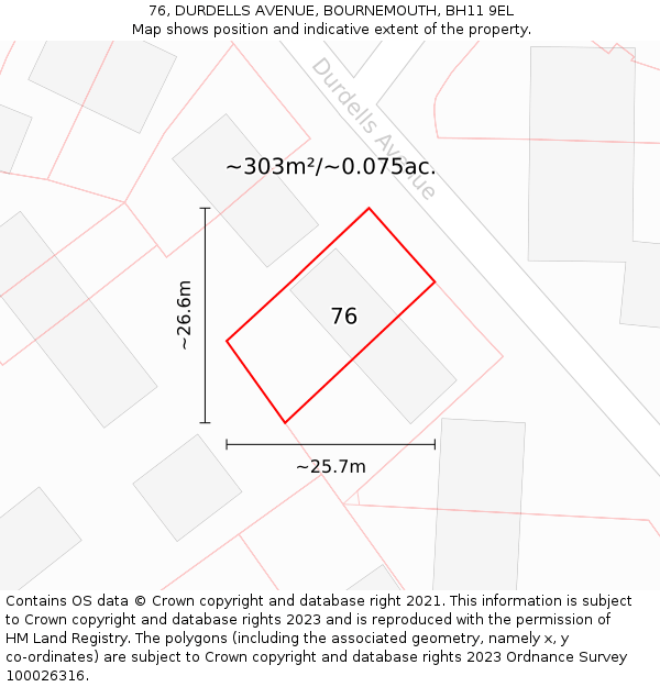 76, DURDELLS AVENUE, BOURNEMOUTH, BH11 9EL: Plot and title map