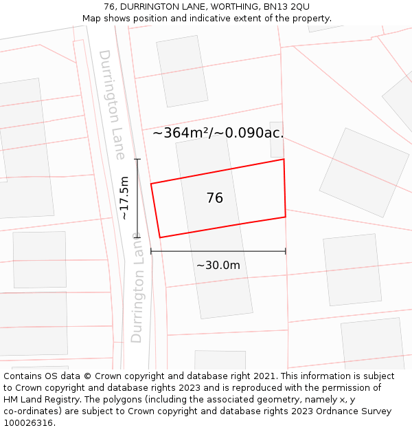 76, DURRINGTON LANE, WORTHING, BN13 2QU: Plot and title map