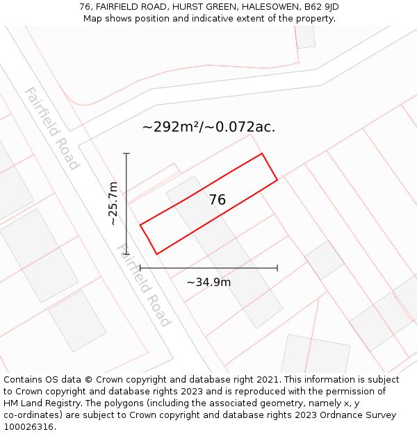 76, FAIRFIELD ROAD, HURST GREEN, HALESOWEN, B62 9JD: Plot and title map
