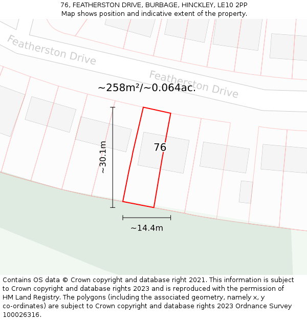 76, FEATHERSTON DRIVE, BURBAGE, HINCKLEY, LE10 2PP: Plot and title map