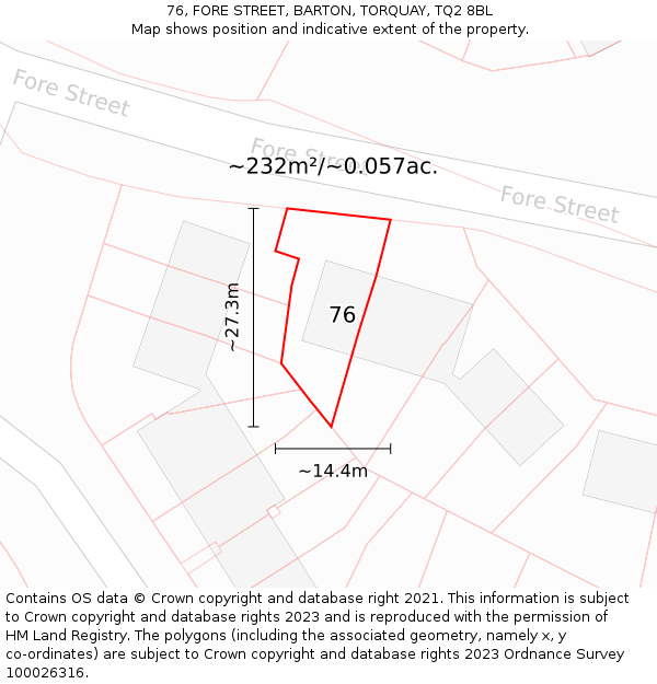 76, FORE STREET, BARTON, TORQUAY, TQ2 8BL: Plot and title map