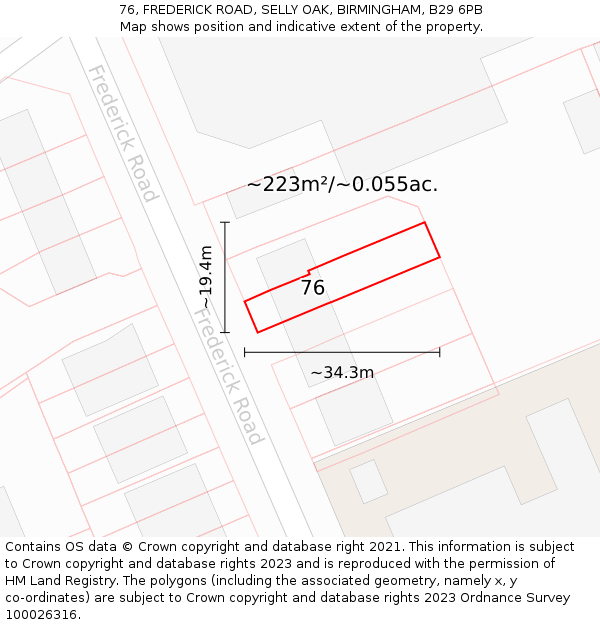 76, FREDERICK ROAD, SELLY OAK, BIRMINGHAM, B29 6PB: Plot and title map
