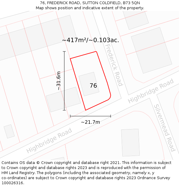 76, FREDERICK ROAD, SUTTON COLDFIELD, B73 5QN: Plot and title map