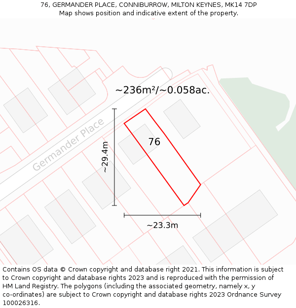 76, GERMANDER PLACE, CONNIBURROW, MILTON KEYNES, MK14 7DP: Plot and title map