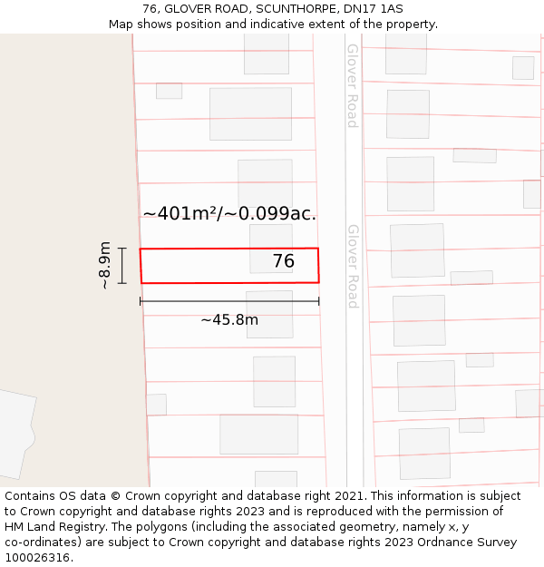 76, GLOVER ROAD, SCUNTHORPE, DN17 1AS: Plot and title map