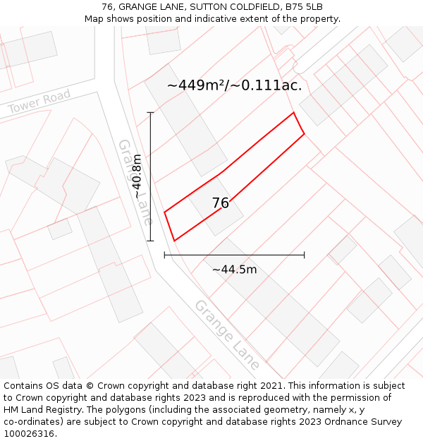 76, GRANGE LANE, SUTTON COLDFIELD, B75 5LB: Plot and title map