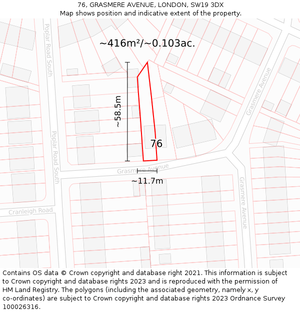 76, GRASMERE AVENUE, LONDON, SW19 3DX: Plot and title map
