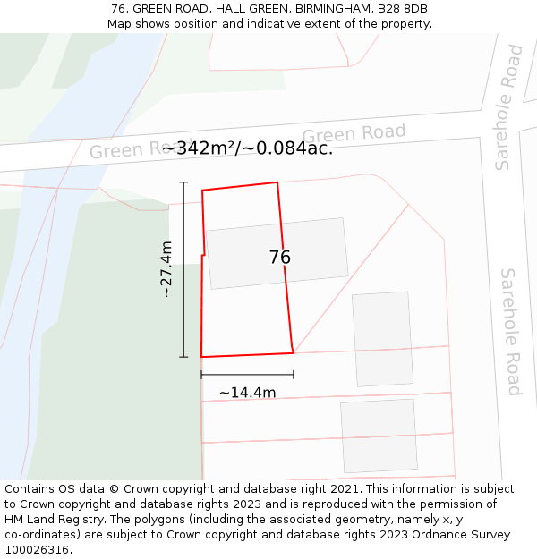 76, GREEN ROAD, HALL GREEN, BIRMINGHAM, B28 8DB: Plot and title map