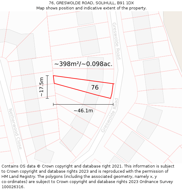 76, GRESWOLDE ROAD, SOLIHULL, B91 1DX: Plot and title map