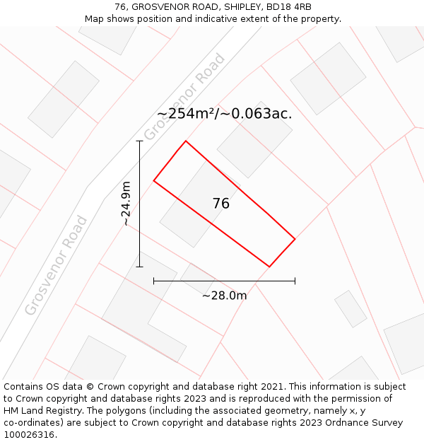 76, GROSVENOR ROAD, SHIPLEY, BD18 4RB: Plot and title map