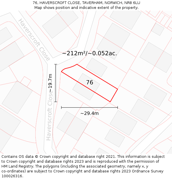 76, HAVERSCROFT CLOSE, TAVERHAM, NORWICH, NR8 6LU: Plot and title map