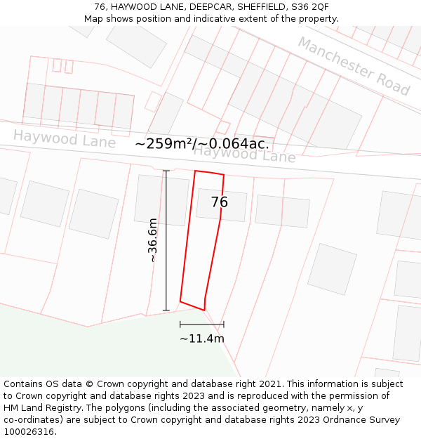 76, HAYWOOD LANE, DEEPCAR, SHEFFIELD, S36 2QF: Plot and title map