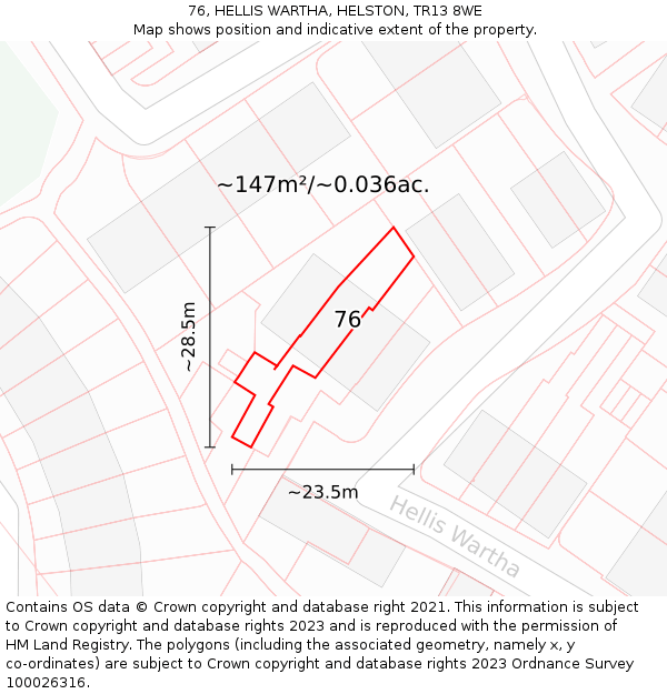 76, HELLIS WARTHA, HELSTON, TR13 8WE: Plot and title map