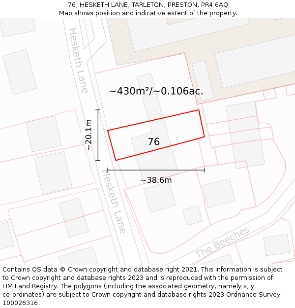 76, HESKETH LANE, TARLETON, PRESTON, PR4 6AQ: Plot and title map