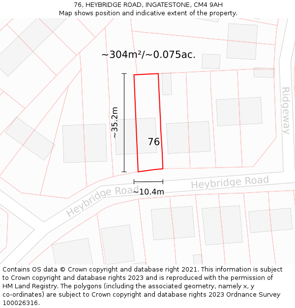 76, HEYBRIDGE ROAD, INGATESTONE, CM4 9AH: Plot and title map