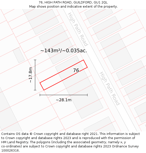 76, HIGH PATH ROAD, GUILDFORD, GU1 2QL: Plot and title map