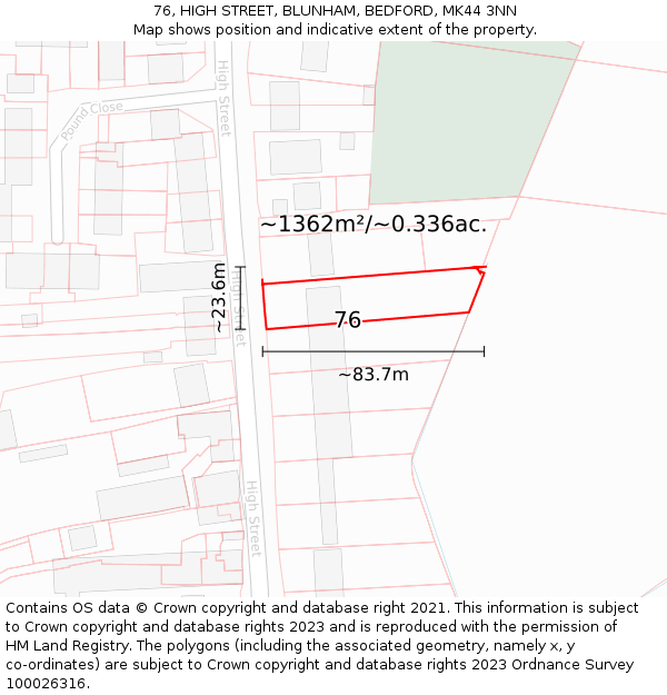76, HIGH STREET, BLUNHAM, BEDFORD, MK44 3NN: Plot and title map