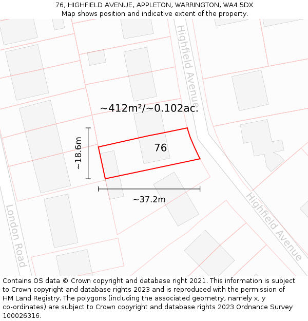 76, HIGHFIELD AVENUE, APPLETON, WARRINGTON, WA4 5DX: Plot and title map