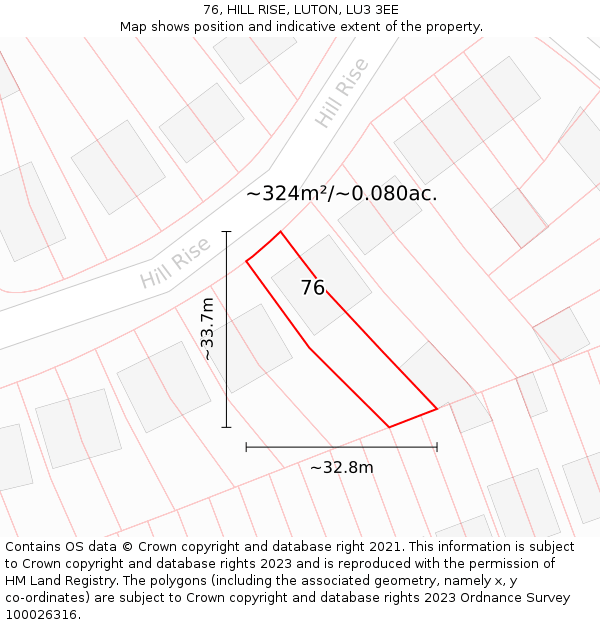 76, HILL RISE, LUTON, LU3 3EE: Plot and title map