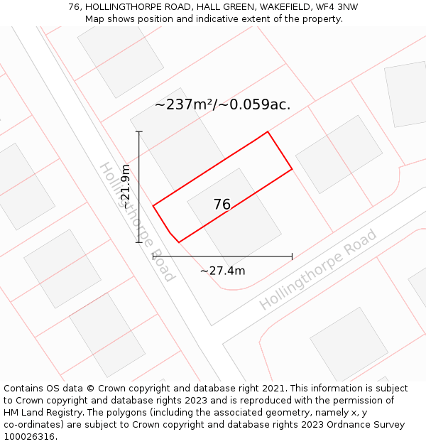 76, HOLLINGTHORPE ROAD, HALL GREEN, WAKEFIELD, WF4 3NW: Plot and title map