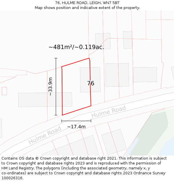 76, HULME ROAD, LEIGH, WN7 5BT: Plot and title map