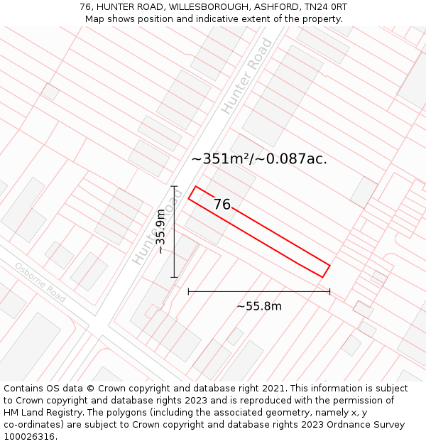 76, HUNTER ROAD, WILLESBOROUGH, ASHFORD, TN24 0RT: Plot and title map