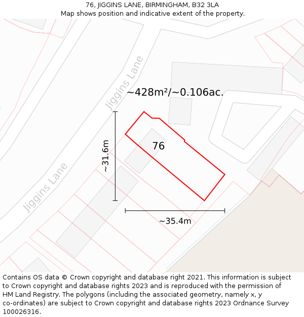 76, JIGGINS LANE, BIRMINGHAM, B32 3LA: Plot and title map
