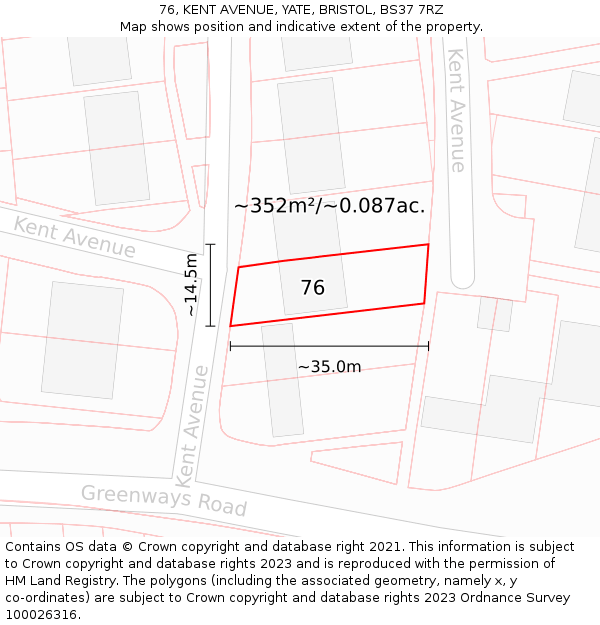 76, KENT AVENUE, YATE, BRISTOL, BS37 7RZ: Plot and title map