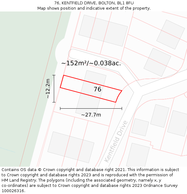 76, KENTFIELD DRIVE, BOLTON, BL1 8FU: Plot and title map